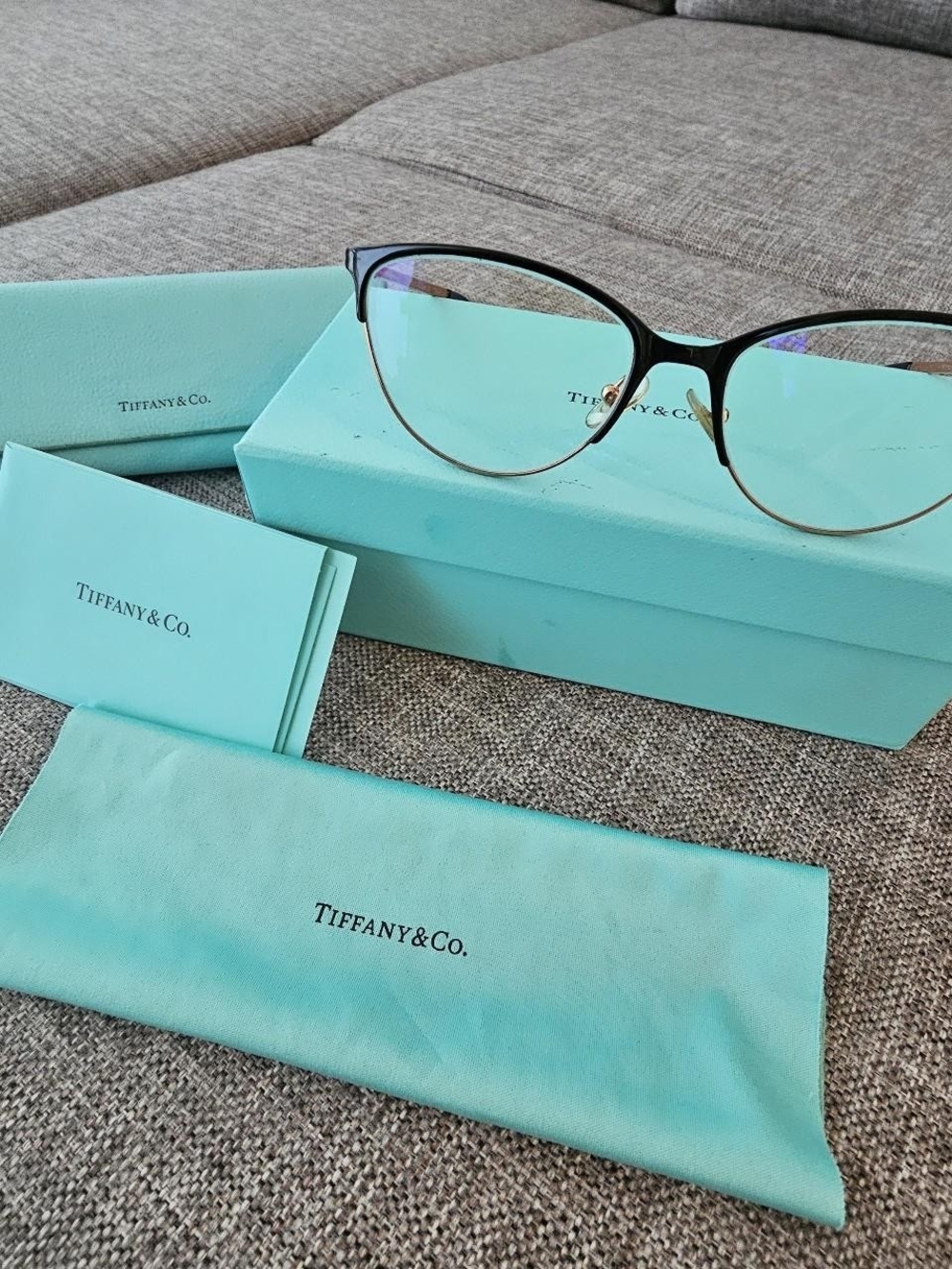 Tiffany & Co. Black and Gold Cat-Eye Glasses with Tiffany Blue Accessories
